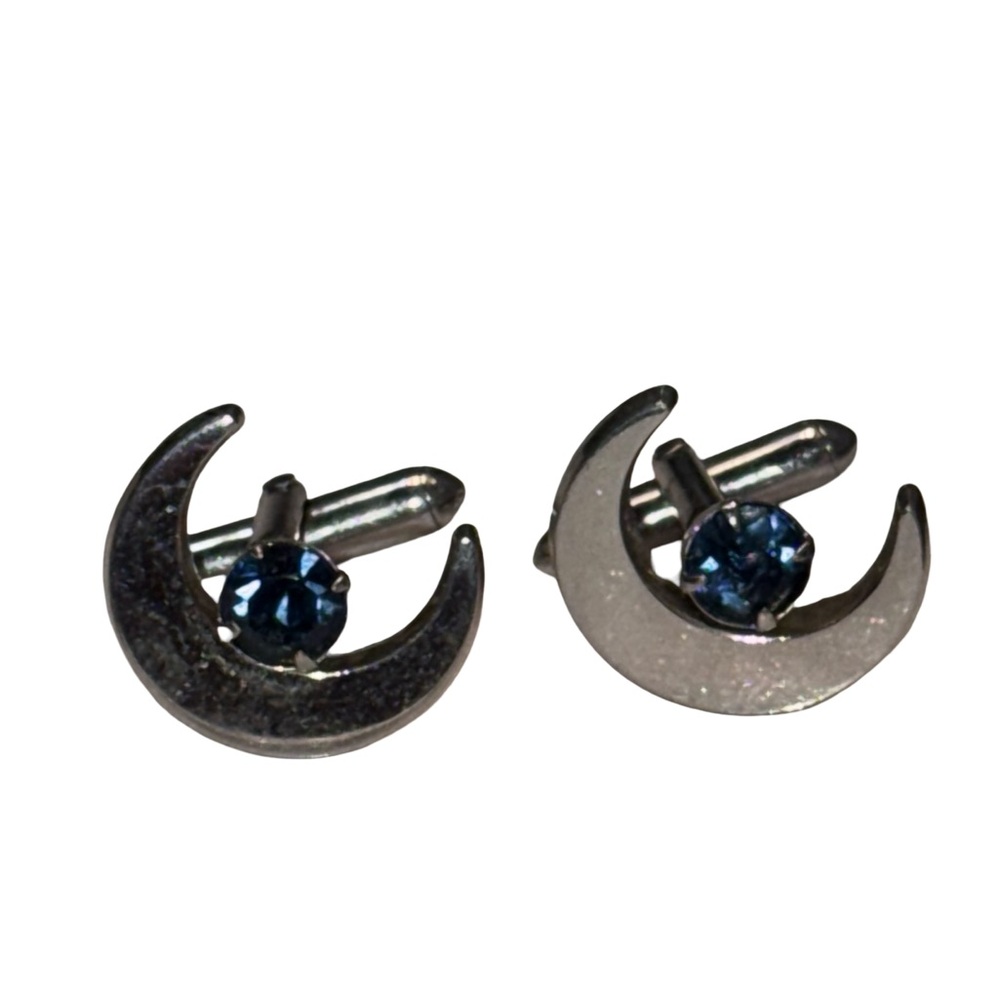 Like New Swank Silver Tone Crescent Moon Cufflinks with Blue Gem